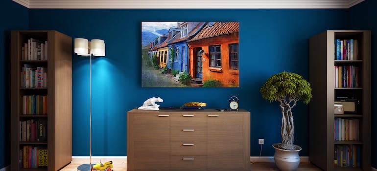 A bedroom with blue walls