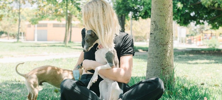 a woman playing with her dogs in the park