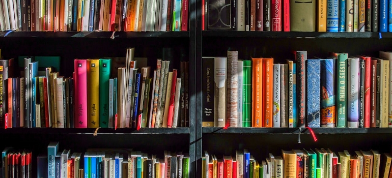 Books on the black wooden shelf.