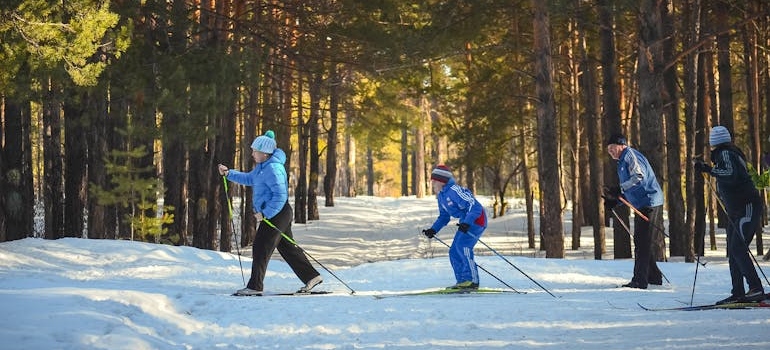 A group of people skiing in the woods at one of the best Canadian areas for snow lovers.