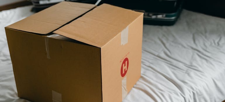 A moving box on a bed