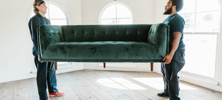 two man holding a green sofa in the middle of the room
