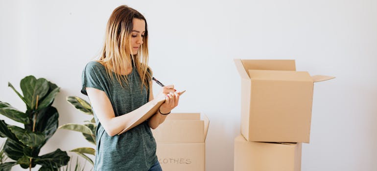 a woman writing on a piece of paper and trying to plan a cross province move in Canada