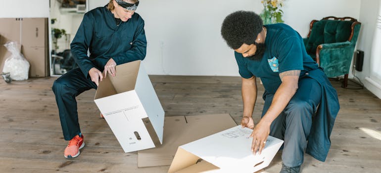two man in green suits folding cardboard boxes