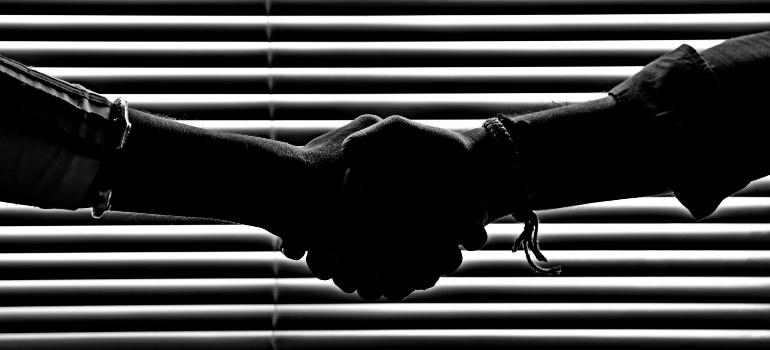 Close-up of two hands shaking in front of window blinds, symbolizing agreement.