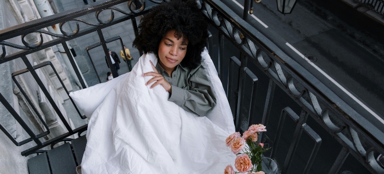 a girl lying on the terrace