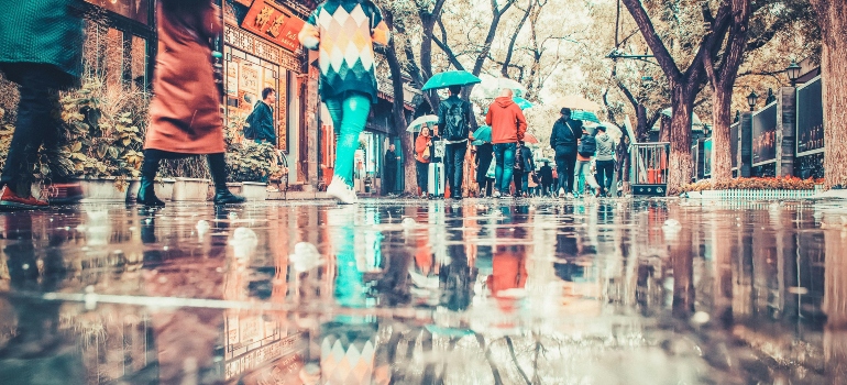 rainy walking street