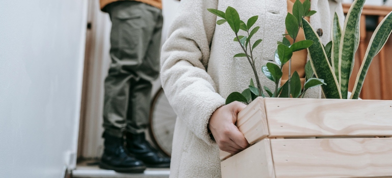 a girl moving plants in the winter